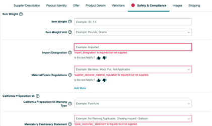 Amazon flagged required info not yet provided, as noted with a red exclamation mark on the Safety & Compliance tab.